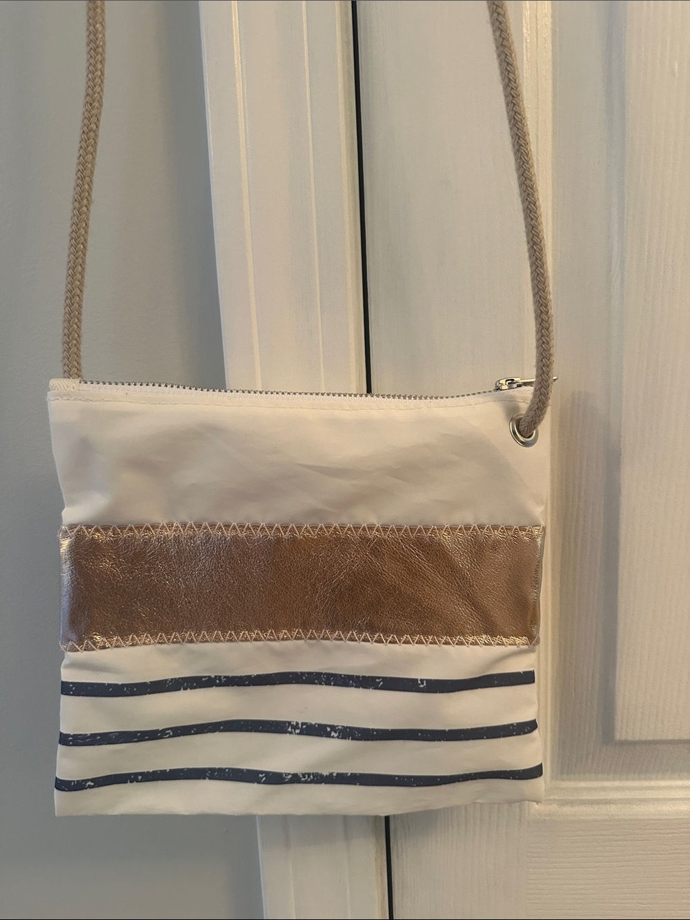 Sea Bags Made in Maine- Sail Cloth Crossbody Navy & Rose Gold Stripes
